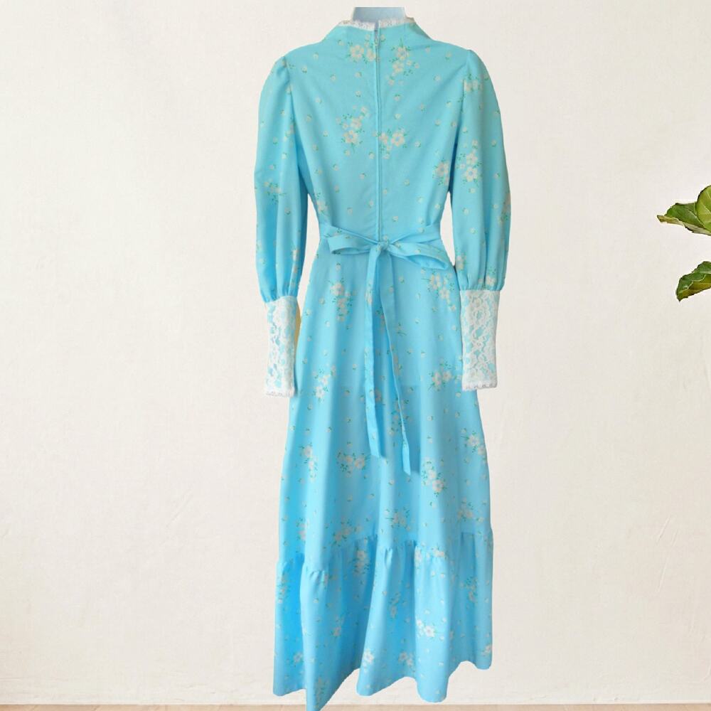 Vintage 70s Blue Prairie Maxi Dress Gunne Sax Style XS Lace Up Cottagecore Boho - Picture 3 of 11
